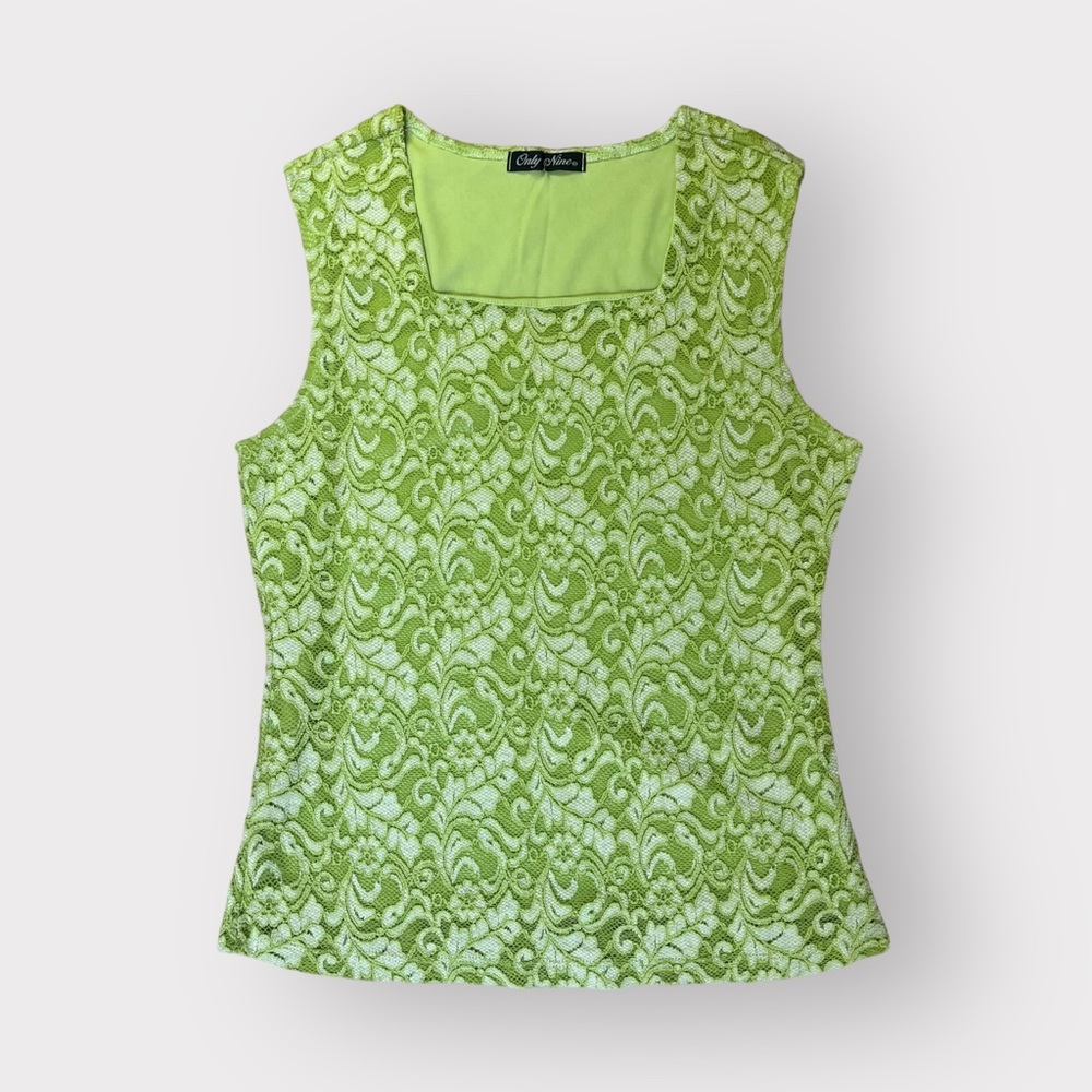 Only Nine Lime Green White Lace Square Neck Tank Blouse - Y2K